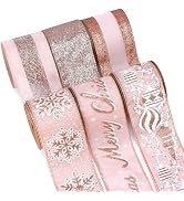Ribbli Christmas Ribbon Wired Rose Gold Christmas Tree Ribbon Snowflake Glitter Wired Ribbons for...
