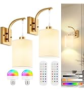 Battery Operated Wall Sconces Set of 2, Brass Gold Rechargeable Wall Sconces with Remote &amp; Bulbs,...