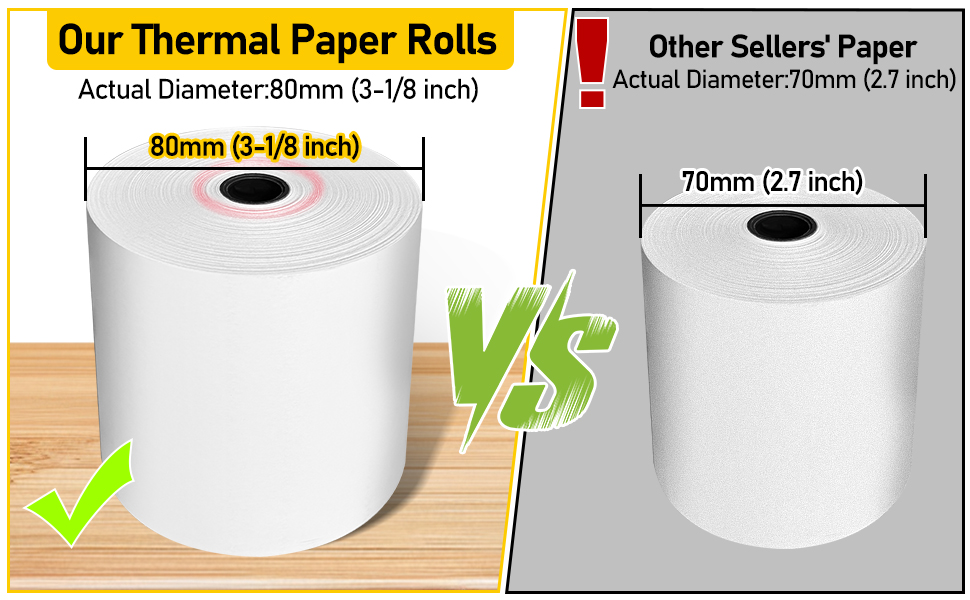 Text reads 'Our Thermal Paper Rolls' and 'Other Seller's Paper'. Comparative diagram showing paper roll dimensions with measurements and checkmarks.