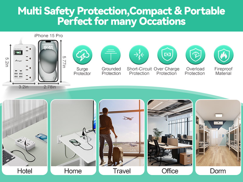 6 USB(2 USB C) Surge Protector Power Strip- Travel Power Strip with 24W USB and 4 Outlets