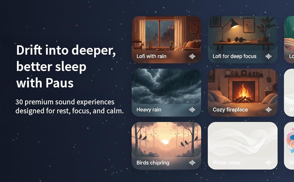 deepr sleep sounds, white noise, brown noise, pink noise, lofi, rain, fireplace, thunderstorm