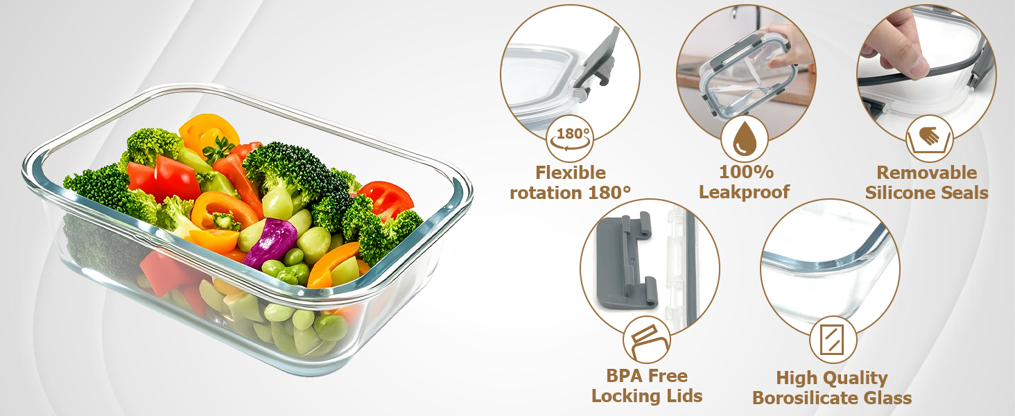 Glass food storage container with lids