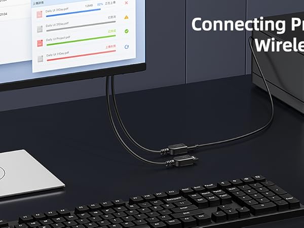 Computer desk setup with monitor, keyboard, mouse, and printer. Text overlay reads 'Connecting Printer and Wireless Mouse'.