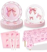Pink Bow Party Plates and Napkins Supplies - 25 Disposable Plates, 25 Dessert Plates, 25 Napkins,...