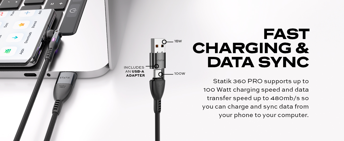USB-C charging cable connected to laptop and phone, highlighting fast charging and data sync capabilities up to 480Mb/s. Text emphasizes 10W charging support.