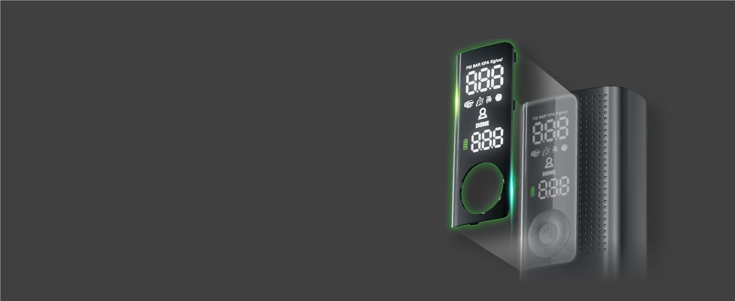 Automoto tire inflator with digital display connected to car tire during inflation