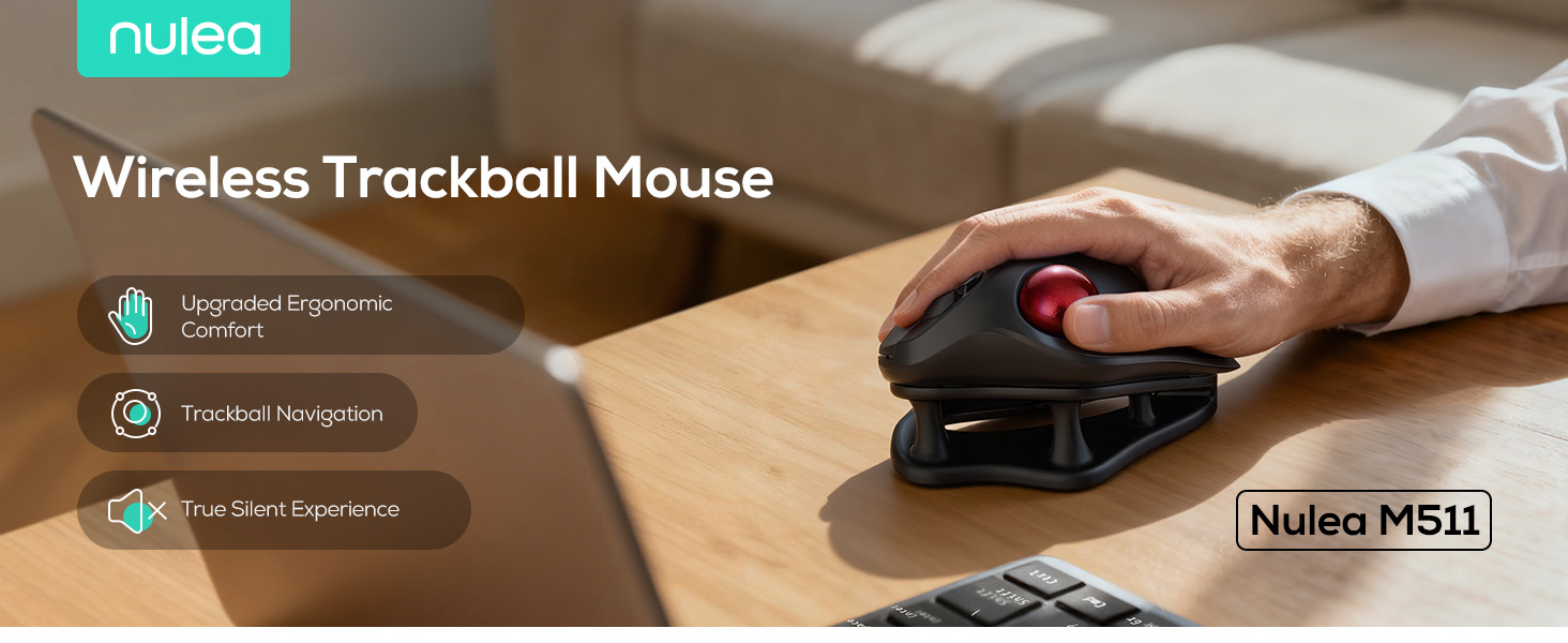 Text reads 'nulea'. Wireless mouse product photo showing sleek black device positioned on wooden surface with warm lighting.