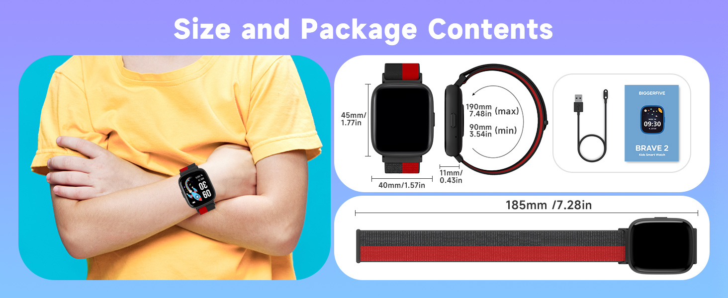 Smartwatch package contents: watch with square face, charging cable, and instruction manual. Person wearing yellow shirt demonstrates wrist-worn use.