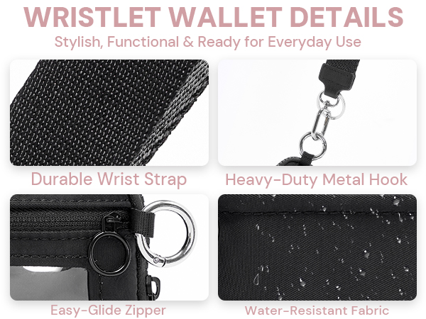Wristlet wallet features durable strap, metal hook, smooth zipper, and water-resistant fabric