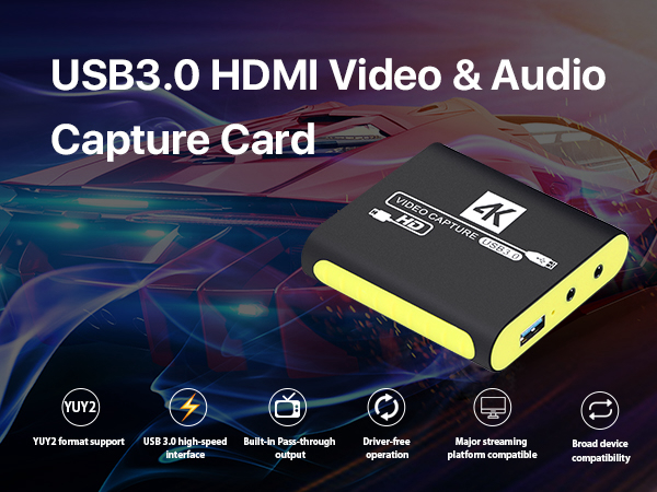 USB3.0 4K Capture Card (Black-Yellow): 6 key features (YUY2, USB3.0)