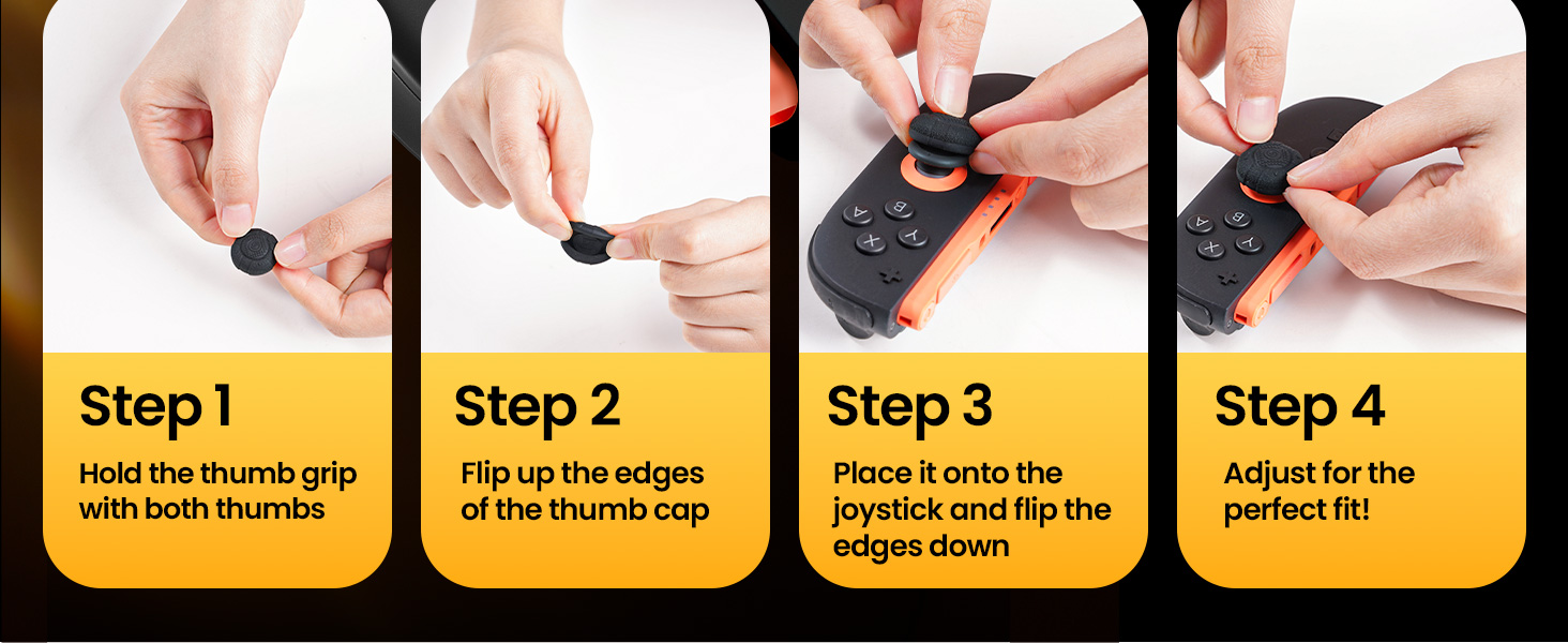 Four-step instructional diagram labeled 'Step 1' through 'Step 4' showing sequential product installation or assembly process with yellow background panels.