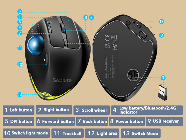 Wireless Trackball Mouse, Ergonomic Bluetooth Rechargeable Computer Mouse-Blue Ball
