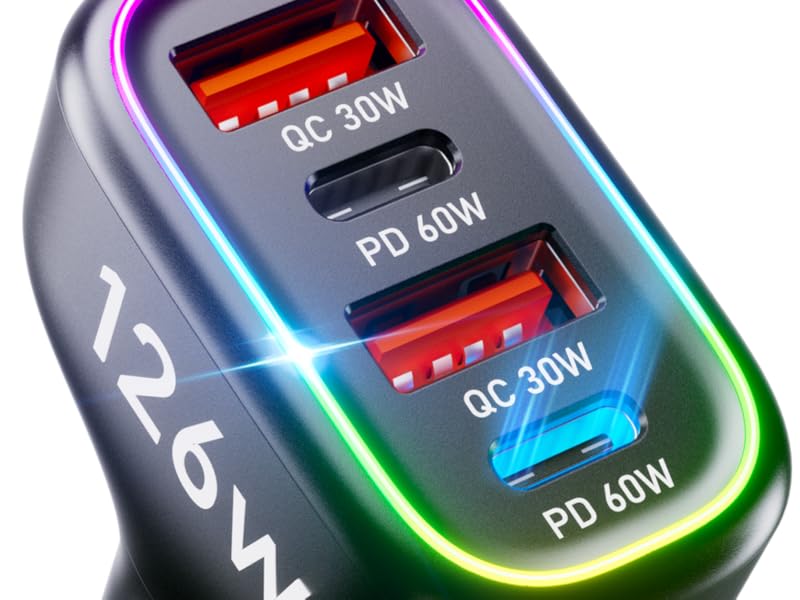 2024 Newest Upgraded 126W(Max) 4 Ports USB C Car Charger Fast Charging