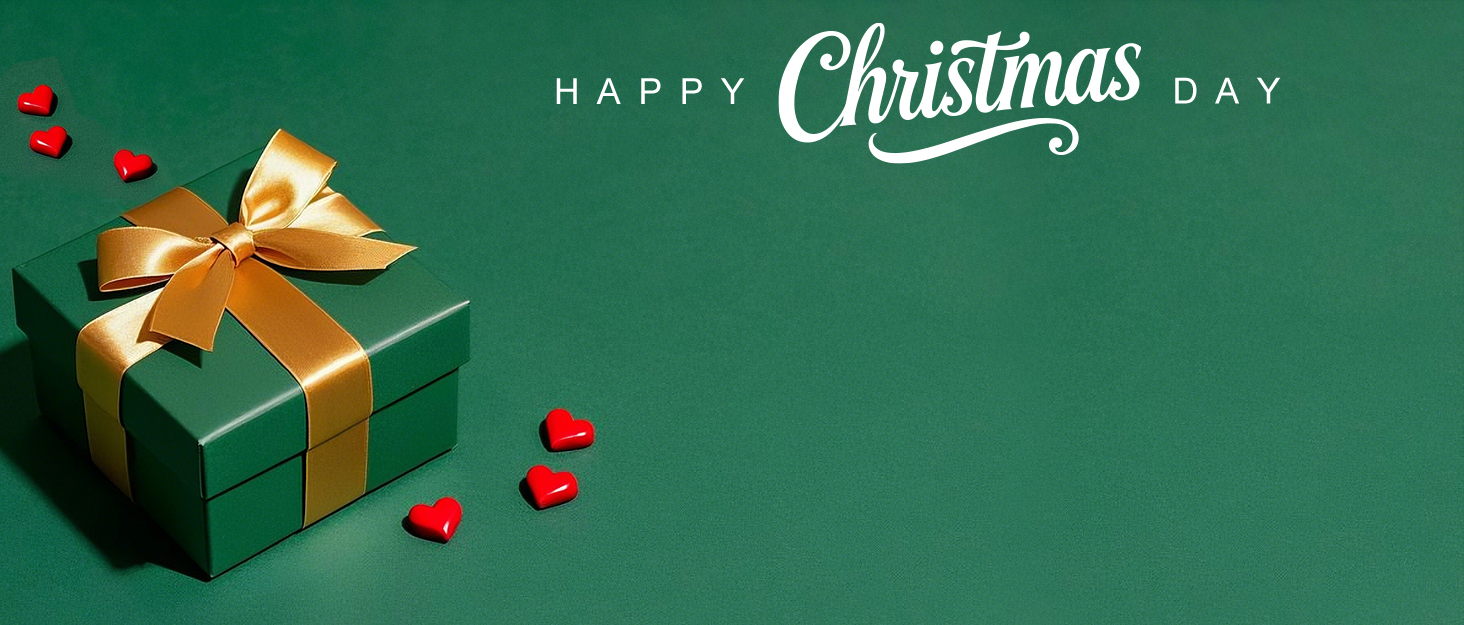 Text reads 'HAPPY', 'Christmas', 'DAY'. Green festive background with wrapped gift box with gold bow and red decorative ornaments displayed.