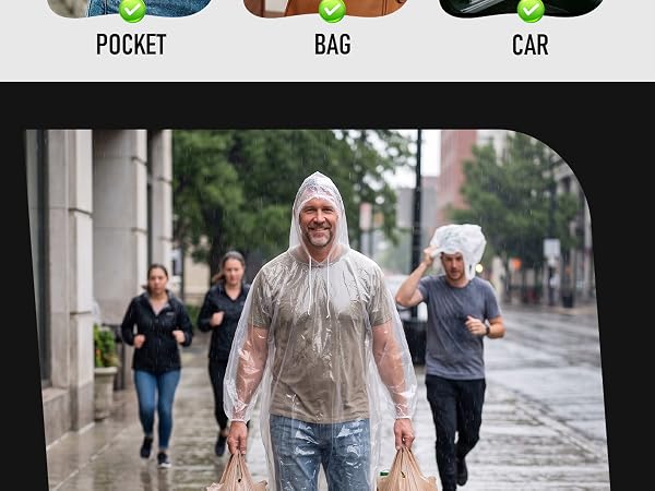 Waterproof rain poncho with hood, suitable for adults and kids at water park.