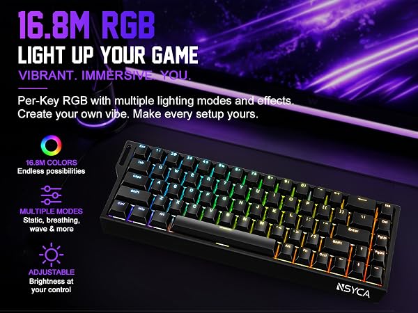 Compact 60% RGB gaming keyboard 16.8M customizable colors 14 backlit modes for PC gamer