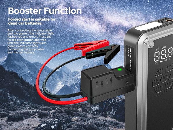 Portable car battery jump starter with booster function. Device shown connected to battery terminals, featuring digital display and explanation of forced start for dead batteries.