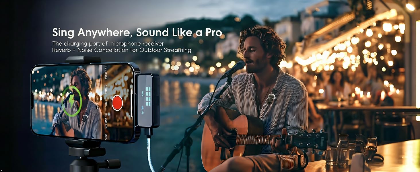 Wireless phone microphone with noise cancellation and reverb for outdoor singing and live streaming