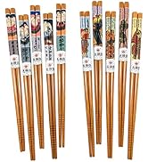 10 Pairs Reusable Bamboo Chopsticks, Samurai&amp;Semo Pattern Natural Bamboo Wood Chopsticks, 8.8Inch...