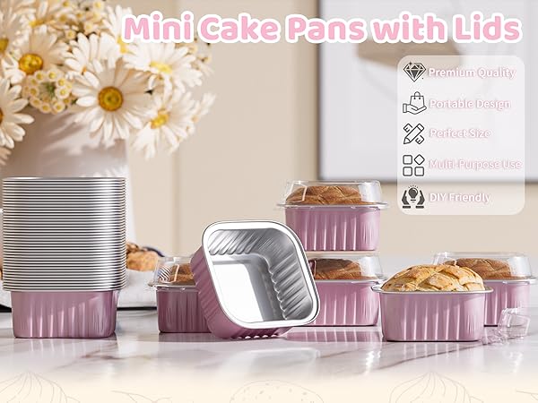 Mini Cake Pans with Lids (40 Pack) Aluminum Foil Square Cupcake Liners Brownie Baking Cups