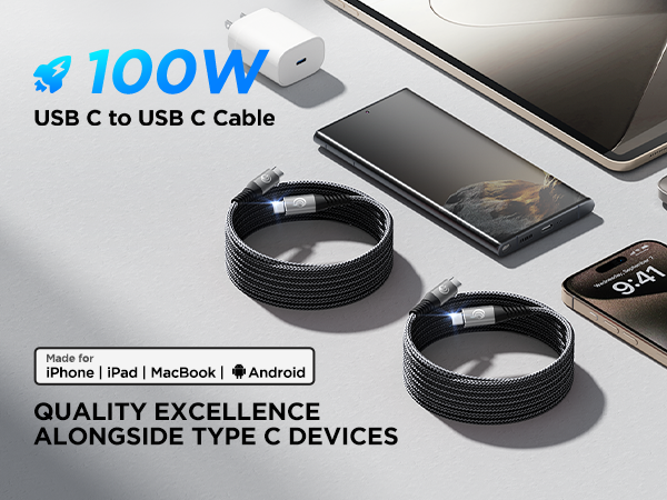USBC to USBC 100W [10ft/2 Pack] USB C to USB C Fast Charging Cable Braided C to C Charger Cord 5A