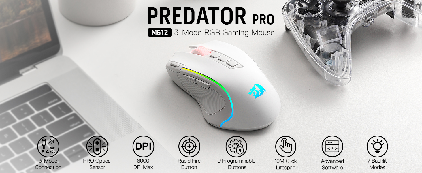 Redragon M612 Pro white wireless mouse with tri-mode RGB for gaming delivers flexible control