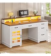 UPOSOJA 60'' Farmhouse Executive Desk with Drawers, Home Office Desk with Power Outlet &amp; LED Ligh...