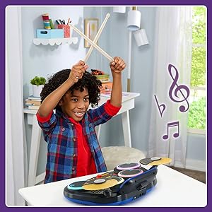 Kid imagines he is a professional drummer on stage jamming along with his favorite songs.