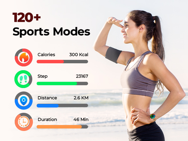 Fitness tracker watch with 120+ sport modes, recording steps, calories, and workouts