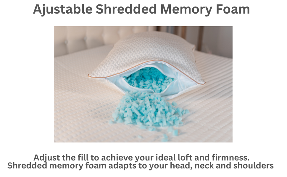 Memory foam pillows with shredded foam fill shown throught zippered opening