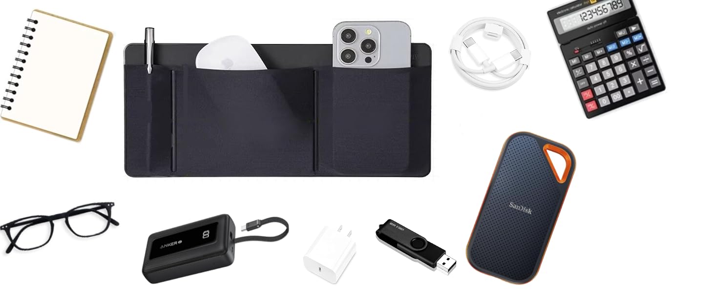 3-Pocket Stick-On Laptop Organizer with glasses, charger, SSD, cable, calculator &amp;amp;amp; USB drive