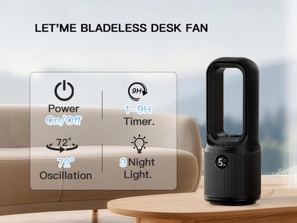 Bladeless desk fan 1-9 hour timer, 72° oscillation,3-level night light for bedside or office desk.