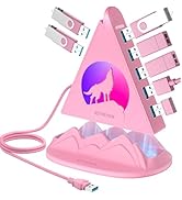 7 Port USB 3.0 Hub,Pink USB Hub with Wolf Shaped RGB Night Light, 2ft Long Cable and Pink Base,fo...