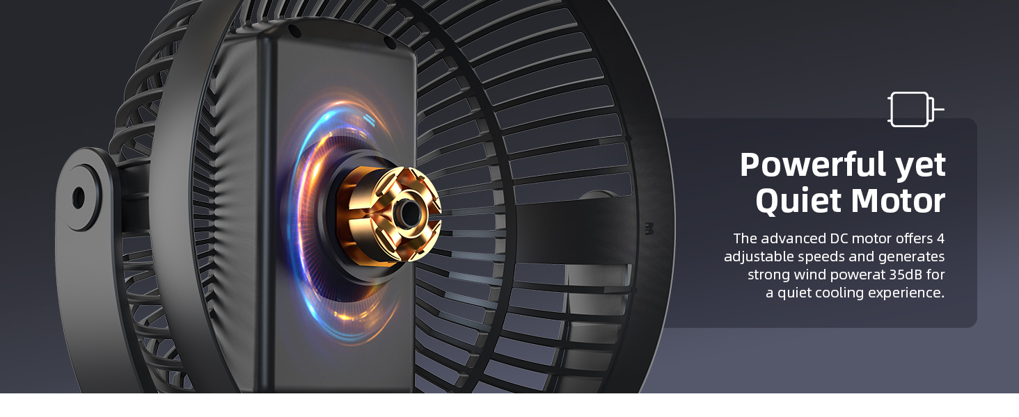 Close-up of a motor assembly, highlighting a 'Powerful yet Quiet Motor' feature. Shows internal components with colorful lighting effect.