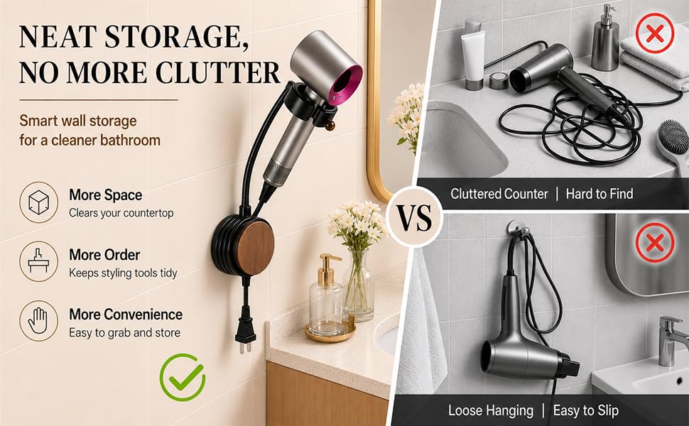 Wall-mounted hair dryer holder keeps counters organized