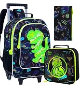 CCJPX 3PCS Dinosaur Rolling Backpack for Boys, 18" Kids Dinosaur Backpacks with Roller Wheels, Wh...
