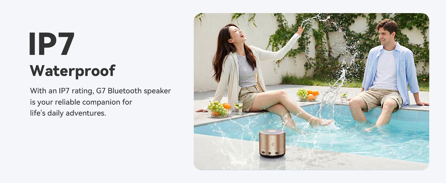 Text reads "IP7" and "Waterproof. With an IP7 rating, Q3 Bluetooth speaker is portable companion for life's daily adventures." Outdoor pool scene with speaker and people.