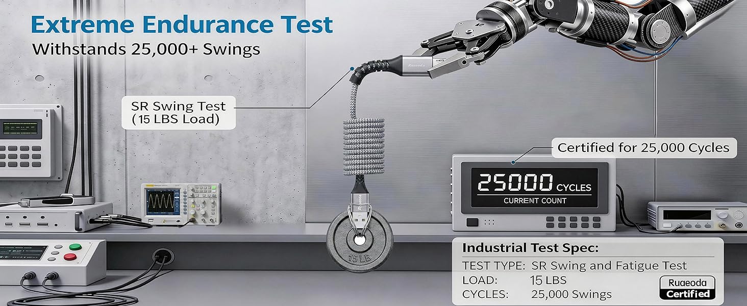 Heavy duty micro usb charger cord passing 25000 bend endurance test with 15 lbs load
