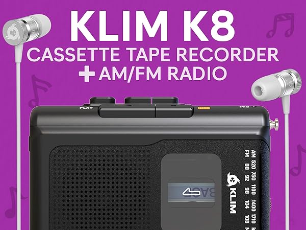 Text reads 'KLIM K8 CASSETTE TAPE RECORDER + AM/FM RADIO'. Black portable cassette player device shown against purple background with silver control buttons and speaker grille.