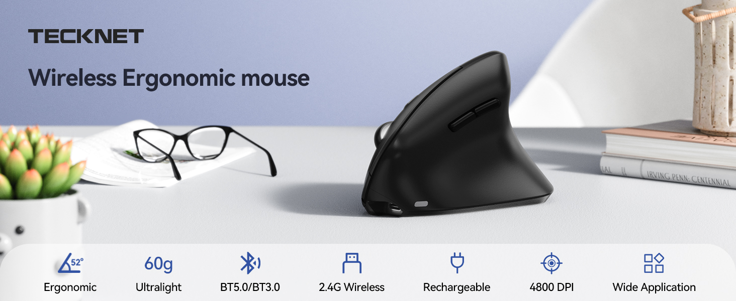 Text reads 'TECKNET' and 'Wireless Ergonomic mouse'. Product webpage layout showing an ergonomic computer mouse with navigation menu featuring Ergonomic, design, and other categories.