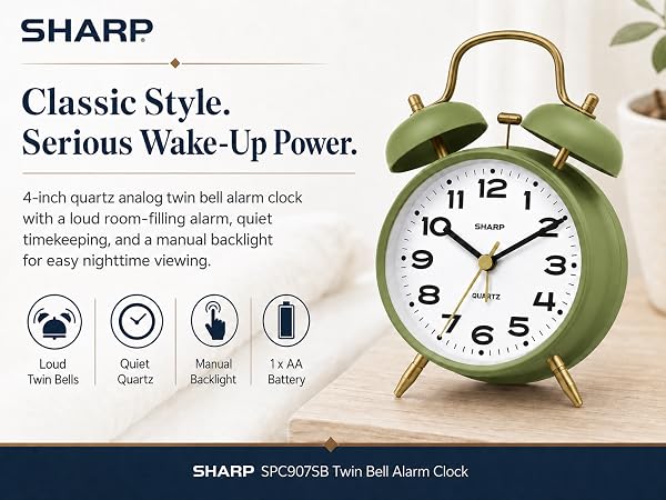 retro clock 50s 60s 70s analog twin bell loud alarm super loud battery powered wake up everytime