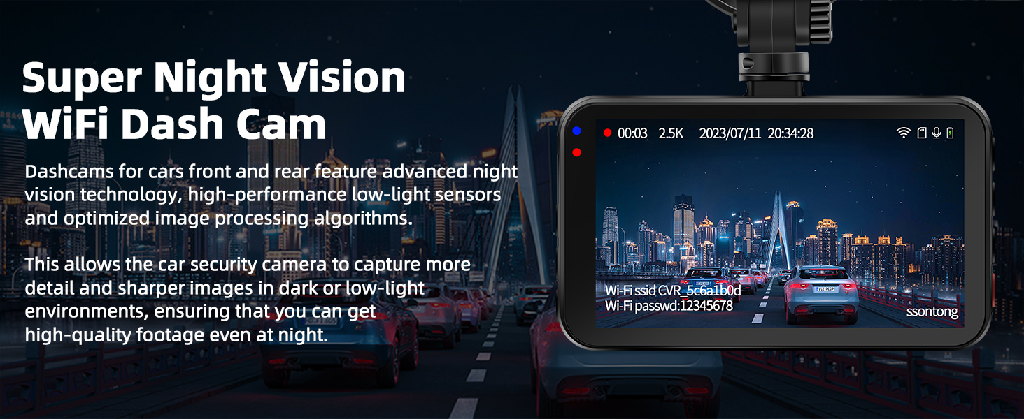 WiFi dash cam with super night vision technology, featuring a screen displaying a clear nighttime cityscape image.