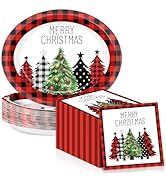 50Pcs Christmas Buffalo Plaid Tree Paper Oval Plates 11 Inch Red and Black Gingham Disposable Pla...