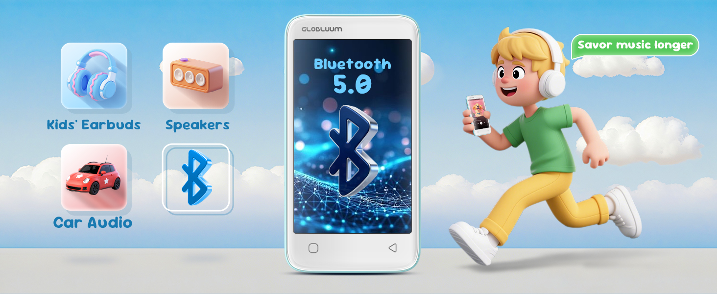 Kids’ MP3 player with Bluetooth 5.0, works with earbuds, speakers, and car audio