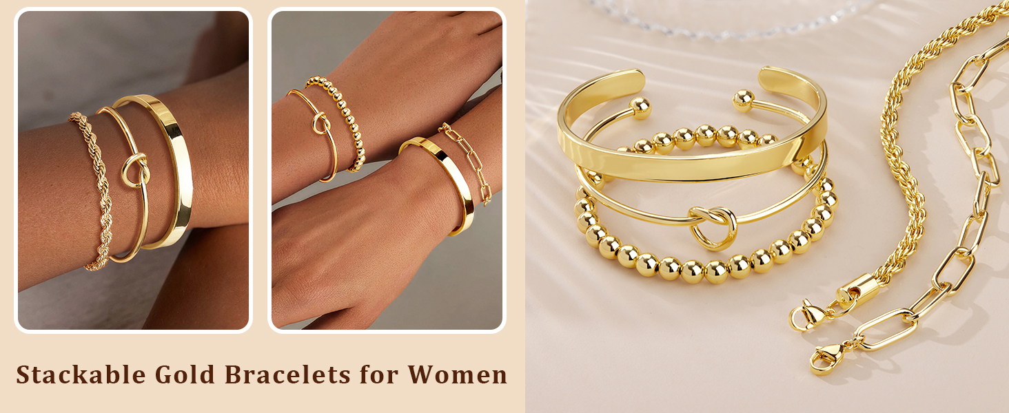 14k gold jewelry set for women, hypoallergenic stackable bracelets