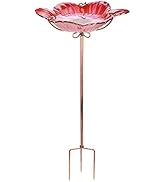 Outdoor Bird Bath Glass Birdbath Garden Birdfeeder with Metal Stake Red