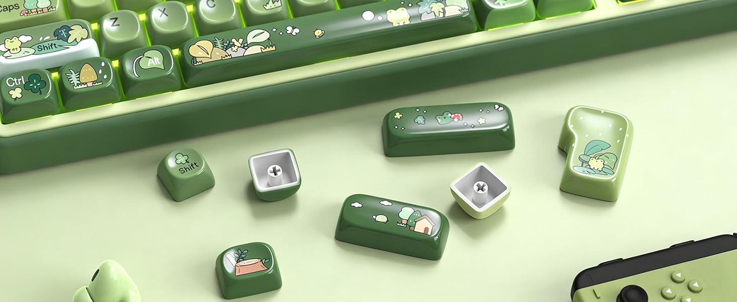 Cute Frog Keyboard keycaps Ceramic Style,Matcha Green moa keycap Set,dye Sublimation Keyboard caps