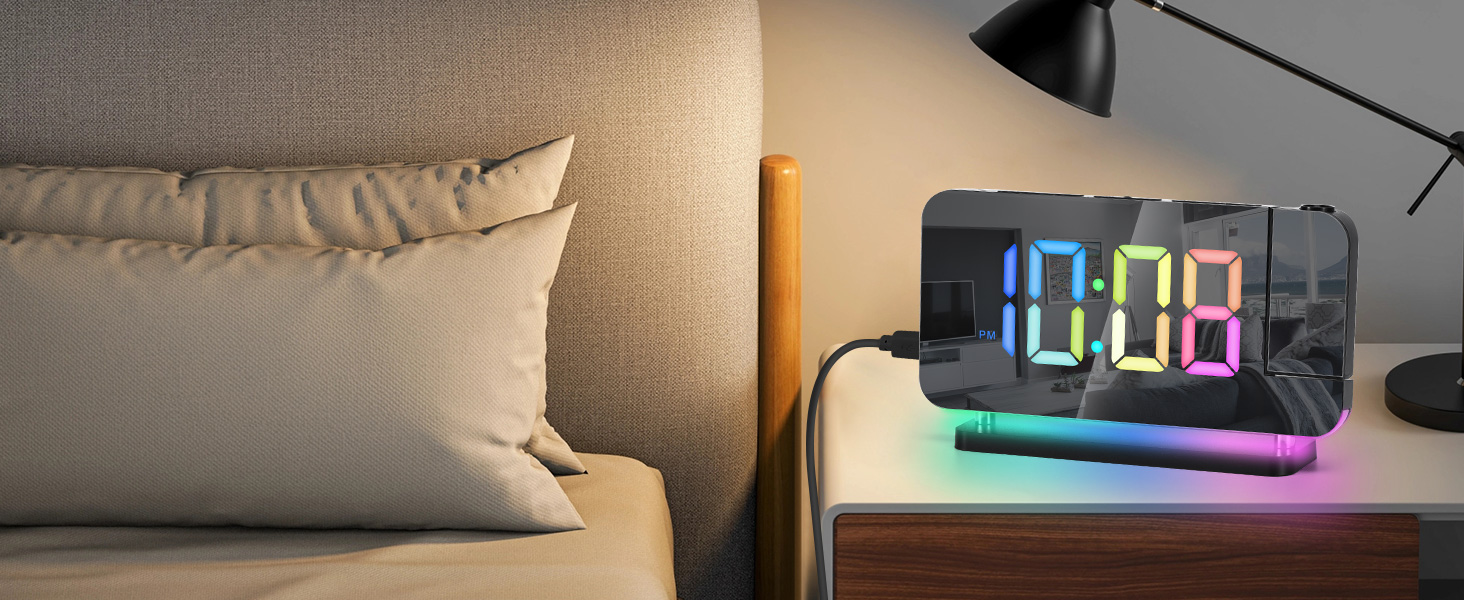 projection led mirror digital alarm clock with rgb night light