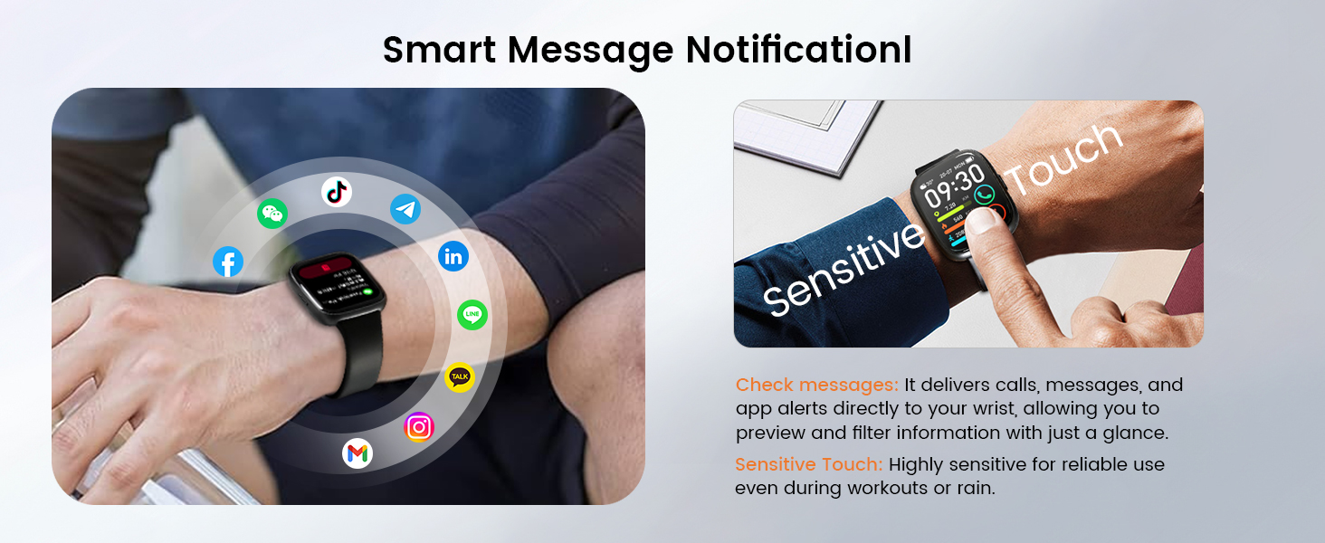 Text reads 'Smart Message Notification!' Demonstrates smartwatch with circular notification interface and second image showing 'Sensitivity Push' screen.