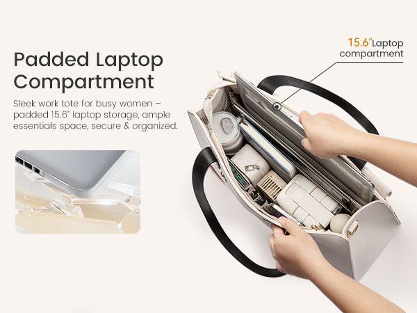 Multi-compartment tote bag with padded laptop sleeve and organized pockets for easy storage